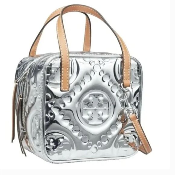 Limited Edition Tory Burch T Monogram Embossed Metallic Silver Cube Handbag - Picture 1 of 12